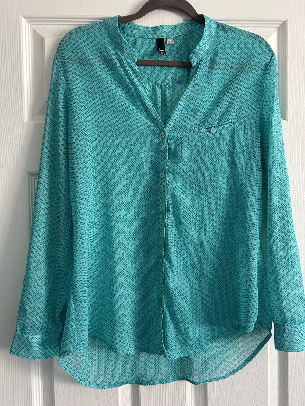 Kut from the Kloth Teal Micro-Print Button Blouse